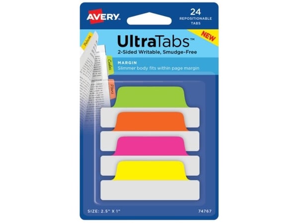 Avery Ultra Tabs, Tomma registerflikar, Grön, Orange, Rosa, Gul