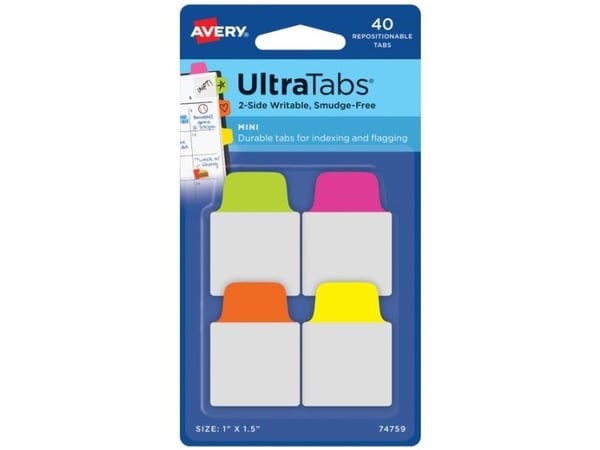 Avery Ultra Tabs, Blank faneindeks, Grønn, Oransje, Rosa, Gult Avery Ultra Tabs, Blank faneindeks, Grønn, Oransje, Rosa, Gult