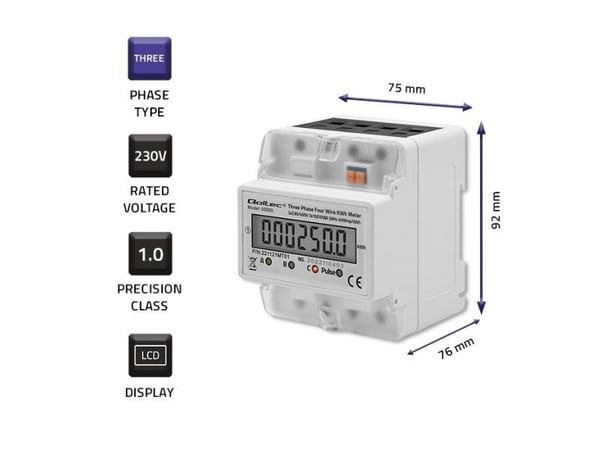 Qoltec trefaset elektronisk energiforbruksmåler på DIN-skinne 230V LCD 4P