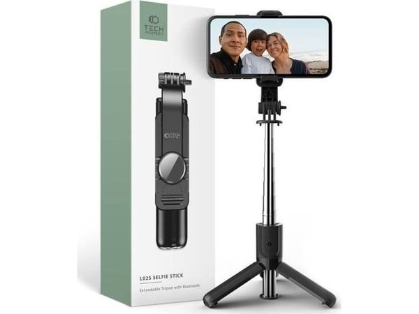 Tech-Protect L02S Bluetooth selfie-stick med stativ opptil 72 cm - svart