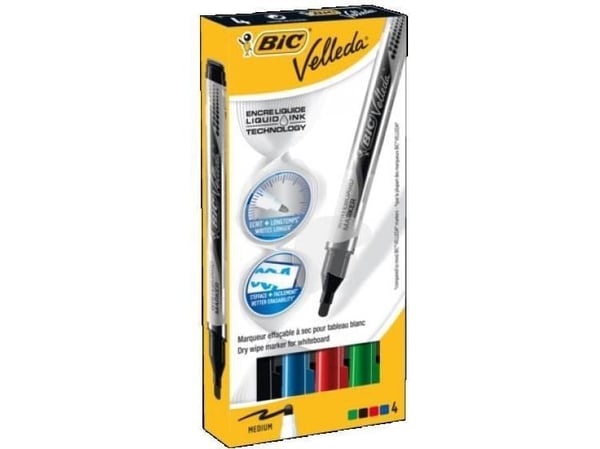 BIC VELLEDA - Markør - ikke-permanent - for whiteboard - svart, rød, blå, grønn - alkoholbasert blekk - 2.2 mm (en pakke 4)