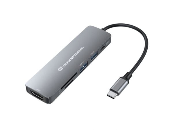 Conceptronic DONN11G, Koblet med ledninger (ikke trådløs), USB 3.2 Gen 1 (3.1 Gen 1) Type-C, 100 W, Grå, MicroSD (TransFlash), SD, 5 Gbit/s