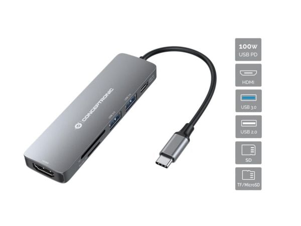 Conceptronic DONN11G, Koblet med ledninger (ikke trådløs), USB 3.2 Gen 1 (3.1 Gen 1) Type-C, 100 W, Grå, MicroSD (TransFlash), SD, 5 Gbit/s