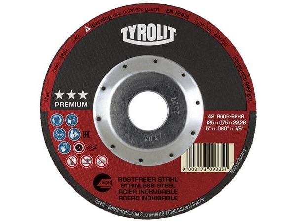 TYROLIT Skæreskive 42 ø125x0,75x22,23 mm, A60R-BFXAPREMIUM supertynde skæreskiver til rustfrit stål, giver en højere ydelse, samtidig med - (25 s...