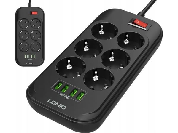 Grenuttak/strømskinne med 6 AC-uttak, 4x USB, LDNIO SE6403, 2 m (svart)