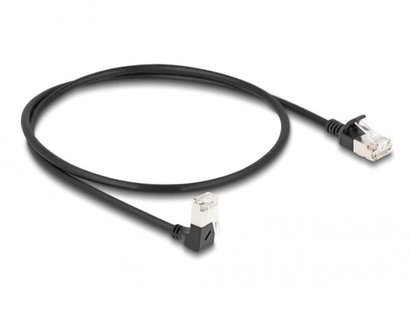 Delock RJ45 nettverkskabel Cat.6A S/FTP Slank 90° vinklet ned / rett 0,5 m svart