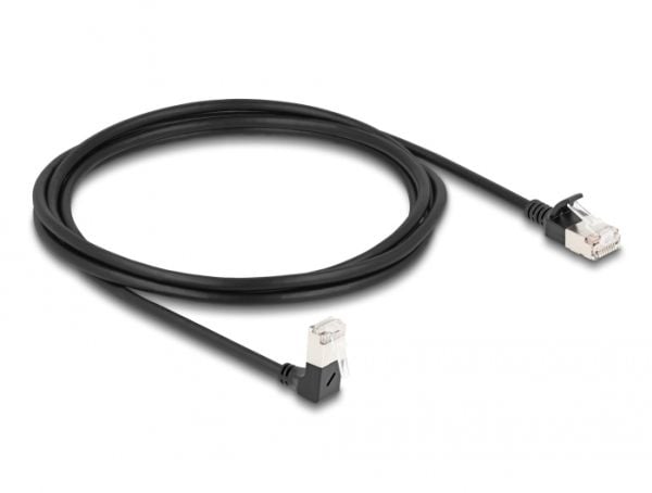 Delock - Nettverkskabel - RJ-45 (hann) nedvinklet til RJ-45 (hann) rett - 2 m - 4.5 mm - S/FTP - CAT 6a - med støvel, halogenfri - svart