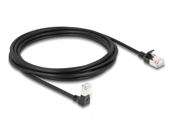 Delock RJ45 nettverkskabel Cat.6A S/FTP Slank 90° vinklet ned / rett 3 m svart