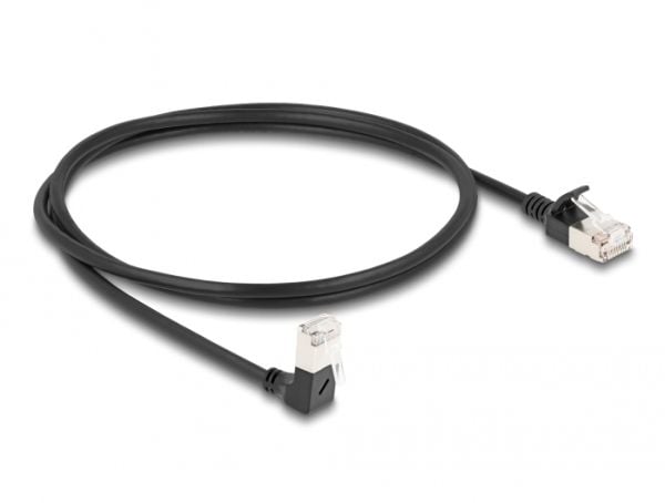Delock - Koblingskabel - RJ-45 (hann) nedvinklet til RJ-45 (hann) rett - 1 m - 4.5 mm - S/FTP - CAT 6a - med støvel, halogenfri - svart