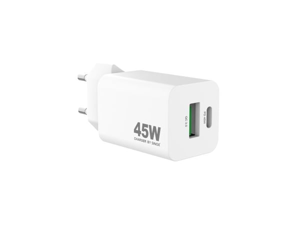 Sinox PRO väggladdare USB-A+USB-C PD 45W. Vit, inomhus, AC, 20 V, Vit
