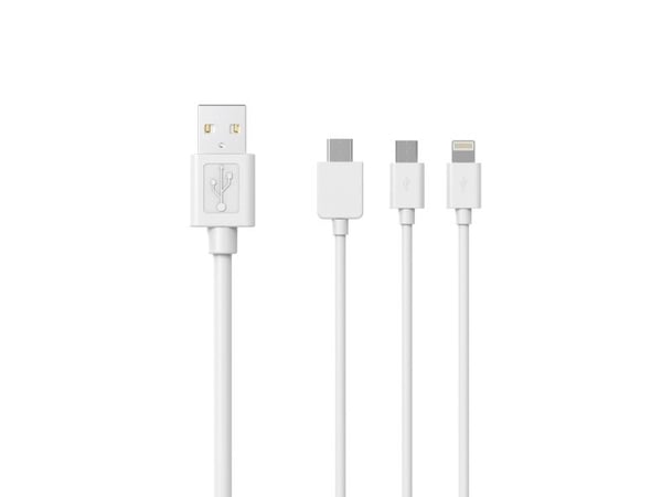 Sinox 3-in-1 kaapeli Lightning, USB C ja Micro USB. 1m. valkoinen
