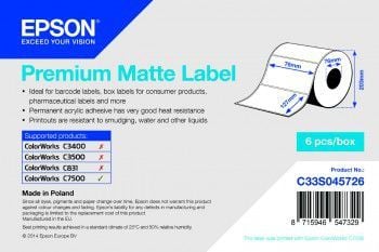 Epson Premium Matte Label - Die-cut Roll: 76mm x 127mm, 960 labels, Valkoinen, Matta, Mustesuihku, Akryyli, Kiinteä, Matta