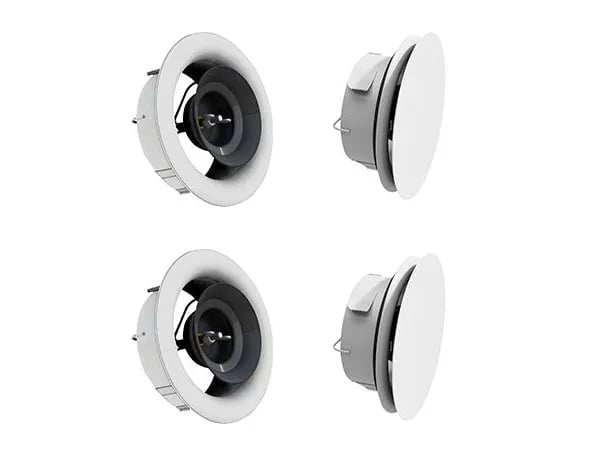 LINDAB AIRY ventilpaket 12 för hus på 100–150 m², el. 162 m³/h, rund frontplatta och ventilhus. Kan t.ex. kombineras med kanalpake 1, 2 och 3