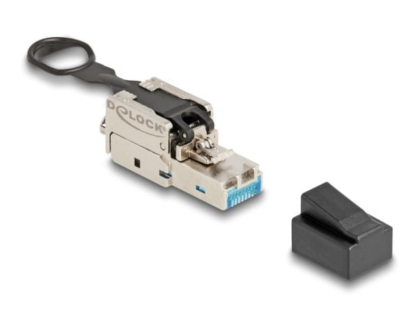 Delock RJ45-pistoke kenttäjohdotettava Cat.6A työntökorvakkeella ja vetokorvakkeella työkaluttomasti