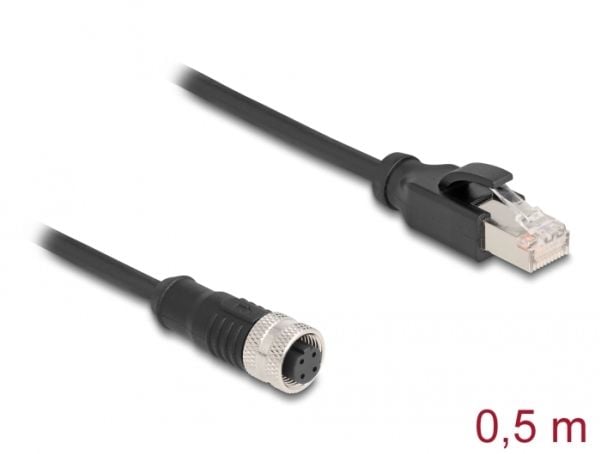 Delock M12-sovitinkaapeli D-koodattu 4-nastainen pistorasia RJ45-pistokkeeseen 50 cm