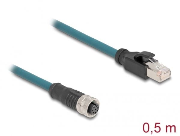 Delock M12-sovitinkaapeli A-koodattu 8-nastainen pistorasia RJ45-pistokkeeseen 50 cm