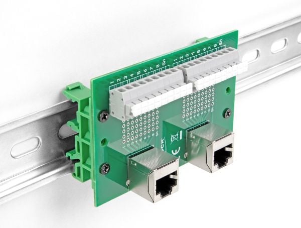 Delock - Nettverksadapter - RJ-45 (hunn) vinklet til 9-pins terminalblokk - DIN-rail mountable, trykknapp, 3,81 mm stigning, stifttilordning: 1:1
