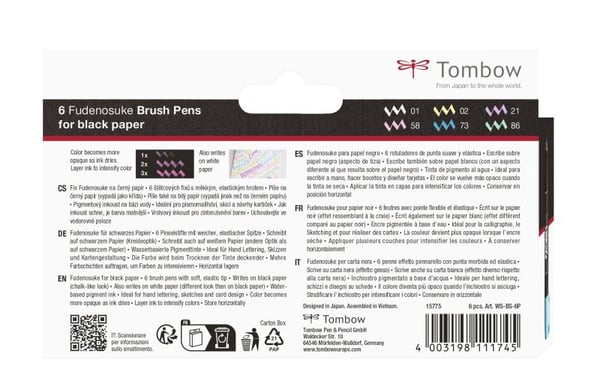 Tombow WS-BS-6P, 6 kpl, Sininen, Vihreä, Vaaleanpunainen, Violetti, Valkoinen, Keltainen, Harjaspää, Monivärinen, Pyöreä, Vesipohjainen muste