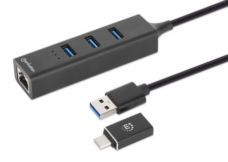 Manhattan 180894, USB 3.2 Gen 1 (3.1 Gen 1) Typ-A + Typ-C, RJ-45, USB 3.2 Gen 1 (3.1 Gen 1) Typ-A, 5000 Mbit/s, Sort, Aluminium, Rundt kabel