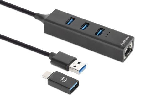 Manhattan 180894, USB 3.2 Gen 1 (3.1 Gen 1) Type-A + Type-C, RJ-45, USB 3.2 Gen 1 (3.1 Gen 1) Type-A, 5000 Mbit/s, Svart, Aluminium, Rund kabel