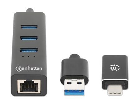 Manhattan 180894, USB 3.2 Gen 1 (3.1 Gen 1) Type-A + Type-C, RJ-45, USB 3.2 Gen 1 (3.1 Gen 1) Type-A, 5000 Mbit/s, Svart, Aluminium, Rund kabel