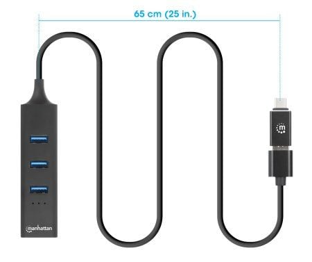 Manhattan 180894, USB 3.2 Gen 1 (3.1 Gen 1) Type-A + Type-C, RJ-45, USB 3.2 Gen 1 (3.1 Gen 1) Type-A, 5000 Mbit/s, Svart, Aluminium, Rund kabel