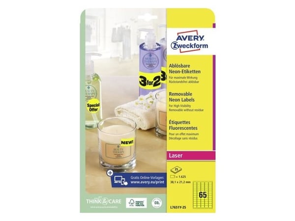 Avery White Mini Label - Laser - L7651, Keltainen, A4, Paperi, Laser, Suorakulmio, 3,81 cm