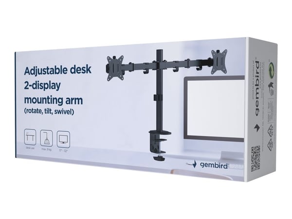 Gembird MA-D2-01 - Monteringssett (skrivebordsklemmemontering, 2 justerbare armer, stangmontering, maljeklemme) - for 2 LCD-skjermer - stål, plasti...