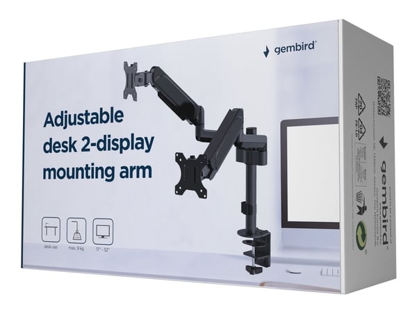 Gembird MA-DA2P-01 - Monteringssett (2 leddarmer, 2 VESA-monteringsbøyler, klemmemonteringsbase, maljemonteringsfot) - for 2 LCD-skjermer - stål, p...