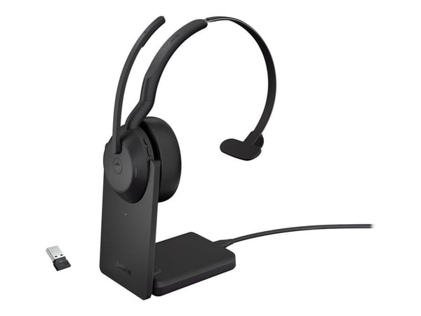 Jabra Evolve2 55 MS Mono - Hodesett - on-ear - Bluetooth - trådløs - aktiv støydemping - USB-A via Bluetooth-adapter - svart - med ladestativ - Zoo...