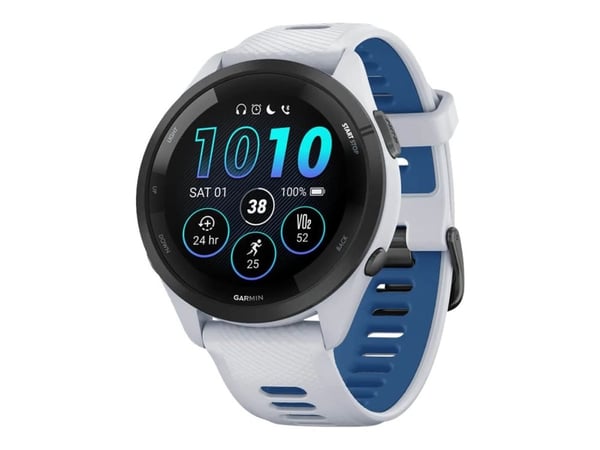 Garmin Forerunner 265 smartwatch. Svart bezel med vit sten och vit sten och blått silikonband