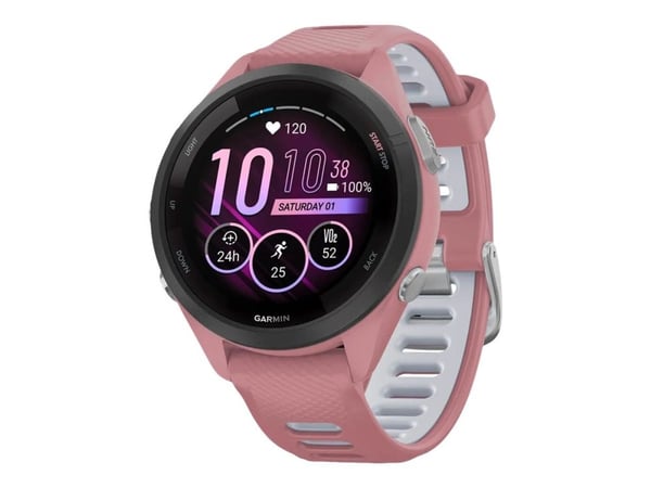 Garmin Forerunner 265S smartwatch. Svart bezel med ljusrosa hölje och ljusrosa och gråaktigt silikonband