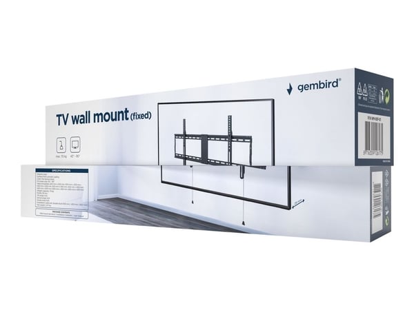 Gembird WM-90F-01 - Monteringssats (väggfäste) - fixerad - för platt panel - 70kg - låsbar - stål - svart av fin textur - skärmstorlek: 43"-90"