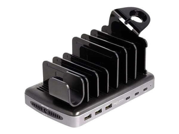 Delock - Ladestasjon + AC-strømadapter - 112 watt - 6 A - PD - 6 utgangskontakter (3 x USB-type A, 3 x USB-C) - svart, grå