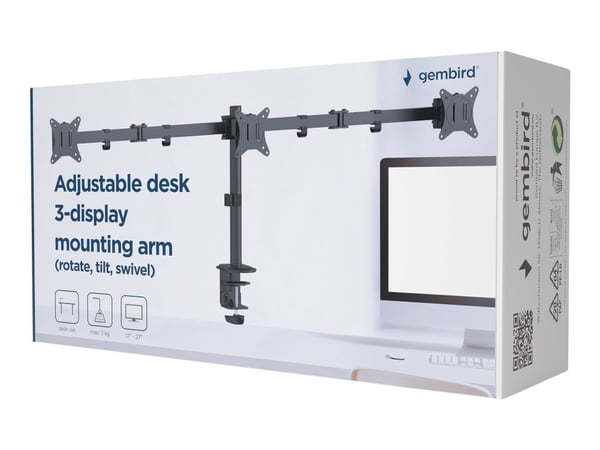 Gembird MA-D3-01 - Monteringssats (2 justerbara armar, bordsfäste) - för 3 monitorer - aluminium, plast, stål - svart av fin textur - skärmstorlek:...
