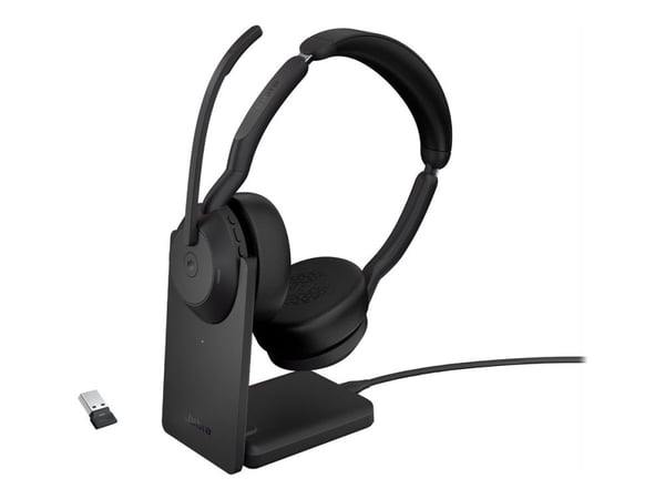 Jabra Evolve2 55 MS Stereo - Hodesett - on-ear - Bluetooth - trådløs - aktiv støydemping - USB-A - svart - med ladestativ - Zoom Certified, Cisco W...