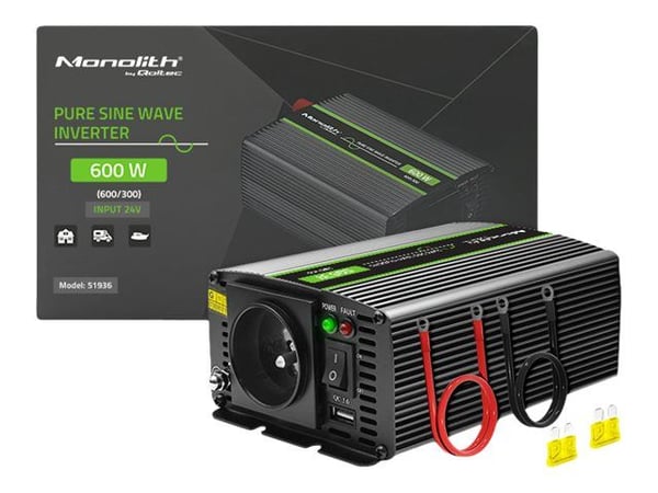 Qoltec Monolith jännitemuunnin | 300W | 600W | 24V 230V | Pure Sine | Puhdas sini