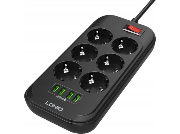Grenuttak/strømskinne med 6 AC-uttak, 4x USB, LDNIO SE6403, 2 m (svart)