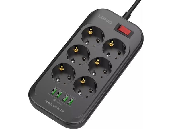 Grenuttak/strømskinne med 6 AC-uttak, 4x USB, LDNIO SE6403, 2 m (svart)