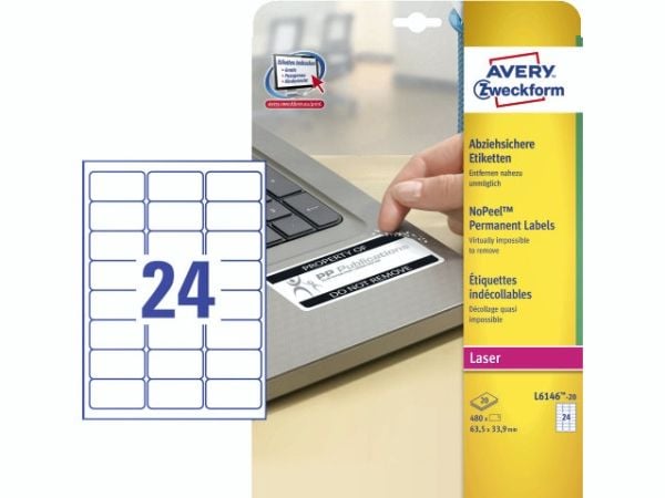 Etiketter Avery 63,5x33,9 mm hvid med NoPeel™ - (20 ark x 24 stk.)