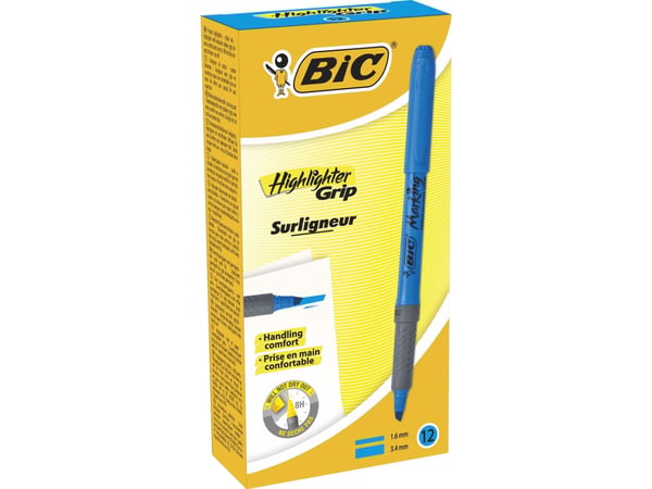 BIC Highlighter Grip, 12 kpl, Sininen, Taltan pää, Sininen, Pyöreä, 1,6 mm