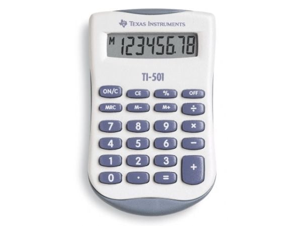 Texas Instruments TI-501, Lomme, Grunnleggende, 8 sifre, Batteri, Blå, Hvit