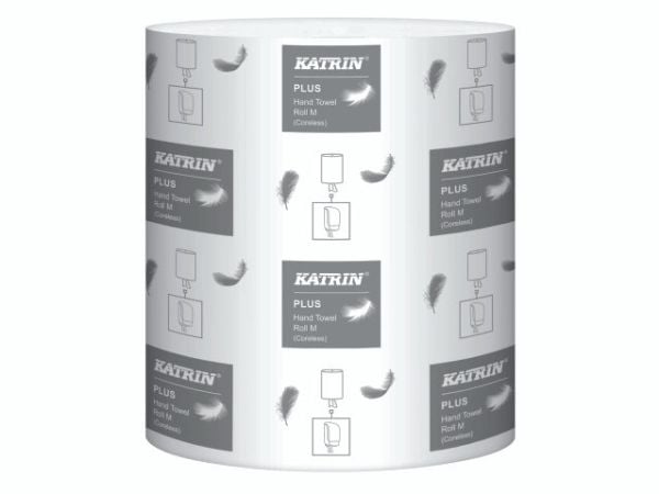 Handdukspapper Katrin Plus 1-lagers Ø19xB20,5cmxL280m o/perforering m/ hylsa Nyfiber vit, 6 rl/krt