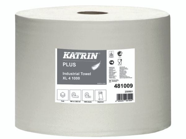 Aftørringsrulle Industri Katrin Plus 4-lag Ø36cm B26.5cmxL360m Nyfiber Hvid,360 m/rl