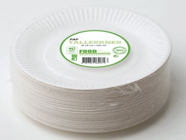 Tallerken Middag, Rund indvendig diameter 180.0 mm biologisk nedbrydeligt papir, hvid komposterbar,