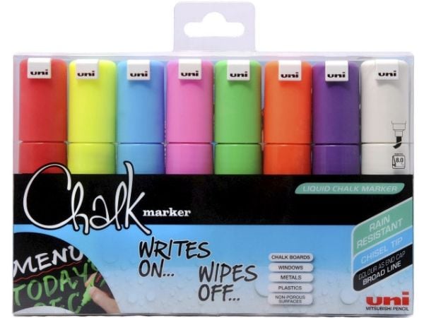 Kridtmarker uni-ball, skrå, etui a 8 farver