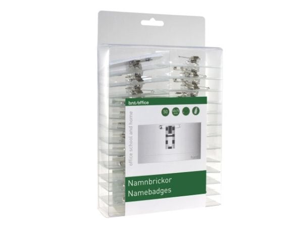 Navneskilte 40x75 mm med clip, nål & indstik - (50 stk.)