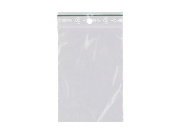 Lynlåspose, Grippie, 50 µm, 60 x 80 mm genanvendt LDPE, Transparent, Uden tryk lynlåslukning, pakke