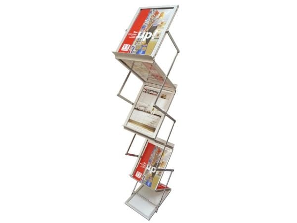 Brochure holder, Twinco Twin Light, 450x310x140mm A4 6 fag gulvmodel Z-shape, sølv