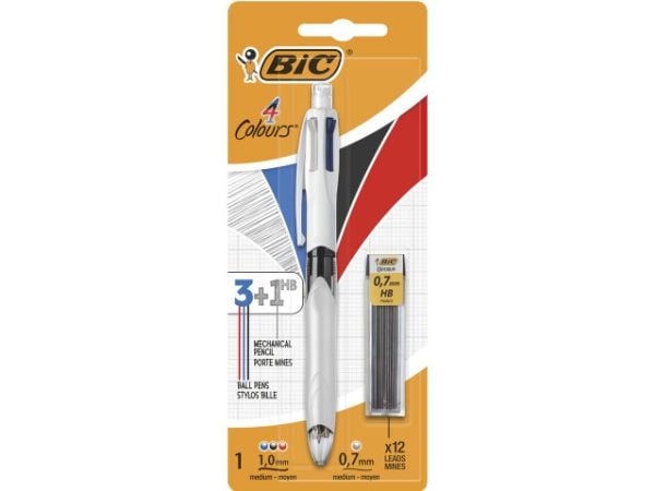BIC 4 Colours 3+1HB - Kombo med 3-farget kulepenn og blyantpenn - HB - svart, rød, blå, grå - medium - retraktil - med viskelær